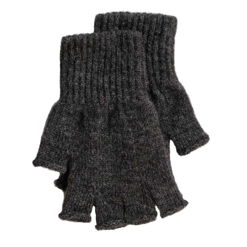 Pair of dark gray fingerless gloves on a white wooden surface