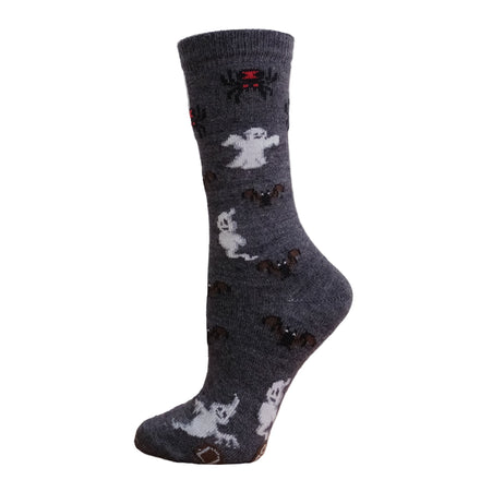 A halloween alpaca sock patterned with spiders, ghosts, bats and gravestones. 