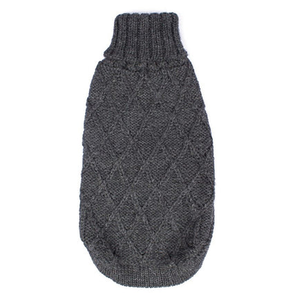A gray diamond cable knit alpaca dog sweater with a turtleneck design.