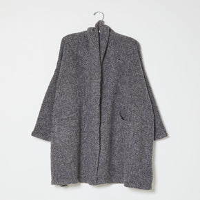 Grey knit wrap coat on white background