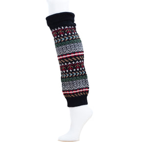 A pair of multicolored patterned alpaca leg warmers on a mannequin.