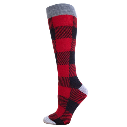A pair of red and black plaid alpaca blend socks with a gray cuff.