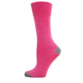 A pink Perilla alpaca sock with a ribbed band and a small amount of gray at the toe and heel.