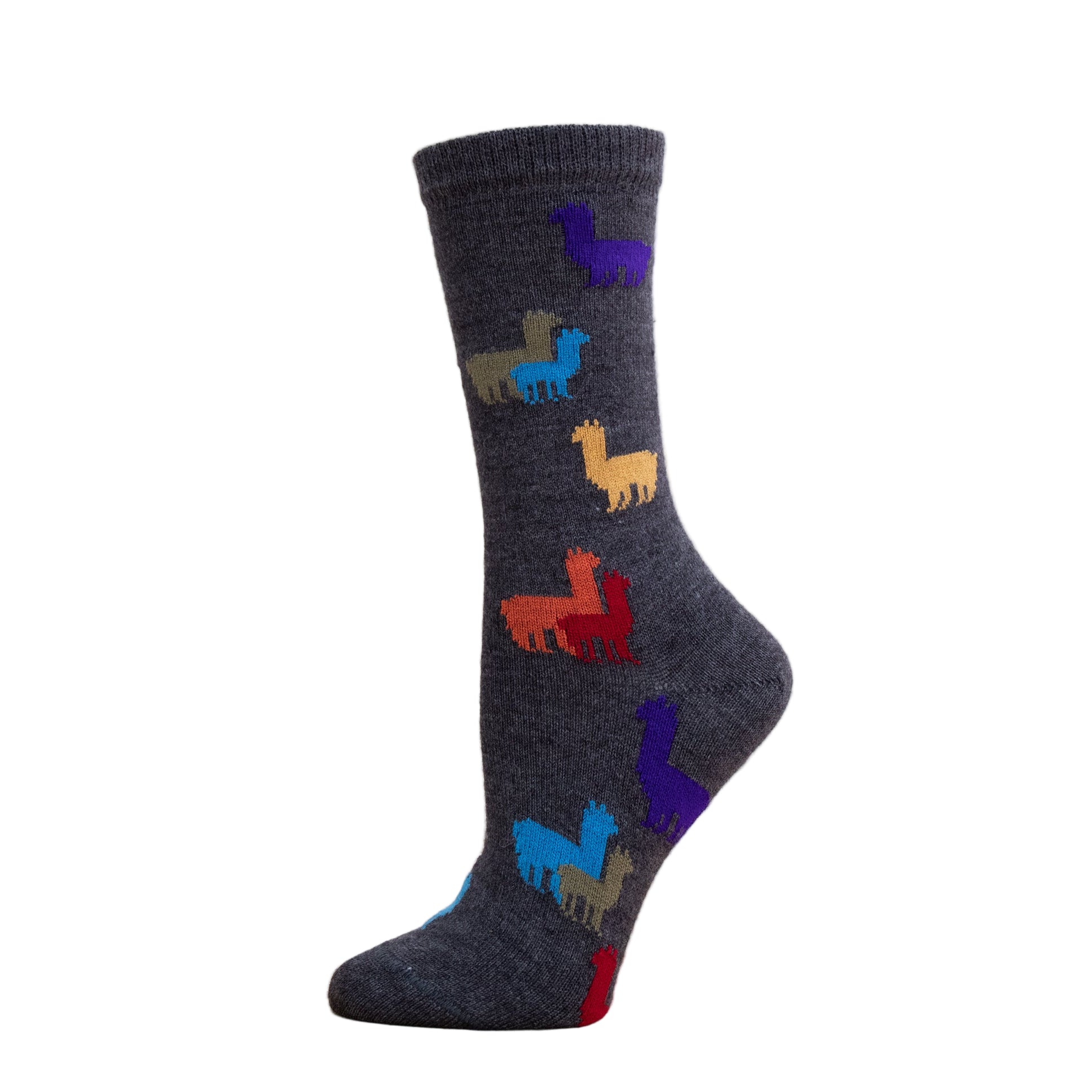 A pair of crew-style socks with a gray background featuring a colorful alpaca pattern.