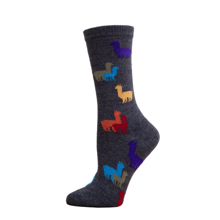 A pair of crew-style socks with a gray background featuring a colorful alpaca pattern.