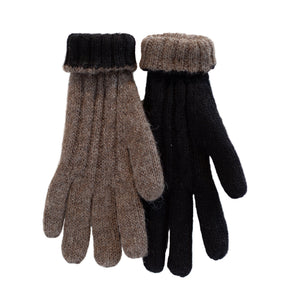 Pair of brown and black gloves on a white background