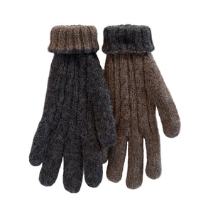 Pair of brown and gray knitted gloves on a white wooden background