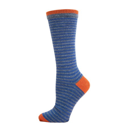 Blue and orange striped sock on a white background