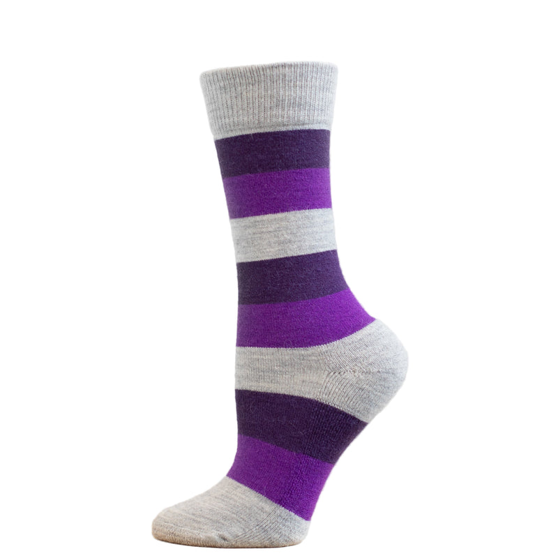 A pair of striped crew socks with purple and gray stripes, designed for hiking.