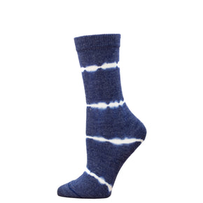 Blue sock with white tie-dye pattern on a white background